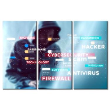 Imagem de 3 peças de arte de parede de ataque cibernético com proteção contra riscos de ataque por computador para sala de estar, rede digital, escritório, impressão de arte de parede moderna em tela emoldurada