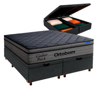 Imagem de Cama Box Bau Cinza + Colchão King Confort Black Espuma Soft Gel Ortobo