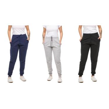 Imagem de Kit 03 calças moletom plus size feminina jogger slim fit básica lisa -