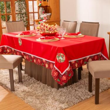 Imagem de Toalha de Mesa Retangular para 8 Lugares Avulsa Bordada Natalina 2,50m x 1,50m - Decoração Natal Festas Fim de Ano (Feliz Natal Vermelho)