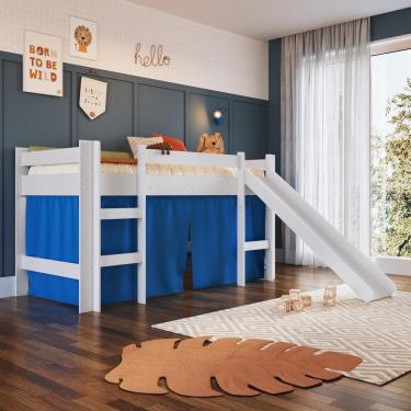 Imagem de Cama Infantil Elevada Casinha Menino Menina Solteiro 202cm Com Escada E Escorregador Branco Com Azul