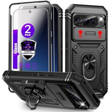 Imagem de Capa para Pixel 9/9 Pro com controle deslizante para câmera, 2 películas de vidro temperado, suporte de anel giratório de 360°, capa protetora de grau militar para Google Pixel 9/9 Pro 6,3 polegadas