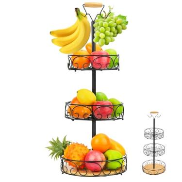 Imagem de JIABEIUS Cesta de frutas de 3 camadas para balcão de cozinha, suporte de tigela de frutas com 2 cabides de banana, suporte de armazenamento de vegetais, cesta de arame de metal para pão, cebola