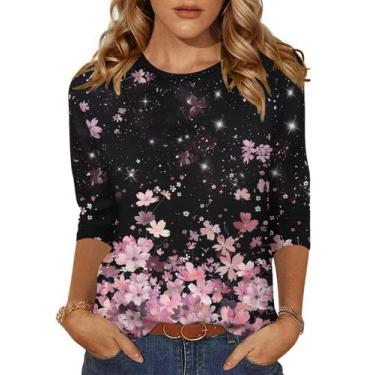 Imagem de Camisa feminina Zeagoo com estampa floral de verão, manga 3/4 solta