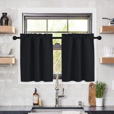 Imagem de Cortinas blecaute pretas para cozinha sobre pia, bolsos térmicos para varão, camadas de janela para armário de armário, sanefas curtas para pequenas janelas que cobrem o dia das bruxas, 1 par, 73,7 cm