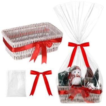 Imagem de Threehoney Cesta de vime vazia de 30,5 x 18 x 12,7 cm para presentes com saco e fita de laço, cestas vazias para encher para presente de Natal, chá de bebê, aniversário, casamento (branca)