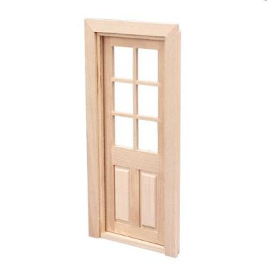 Imagem de Porta de madeira em miniatura de 6 painéis com janela de PVC para casa