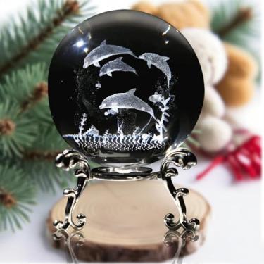 Imagem de Enfeite de bola de cristal de golfinho transparente 3D gravado a laser esfera de vidro esfera de vidro com suporte