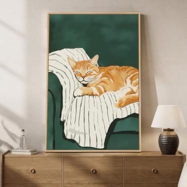 Imagem de Arte de parede de animal emoldurada para parede de quarto, pintura em tela grande e aconchegante de gato malhado laranja para decoração de quarto, arte de animal de estimação fofo para paredes