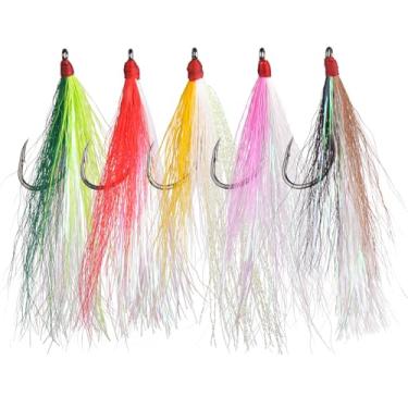 Imagem de Ganchos de pesca Bucktail Teaser de água salgada, 5/10 peças iscas de pesca com ganchos de aço de alto carbono com plataformas de solha de cristal flash para robalo, truta salmão, cabeça de aço (5