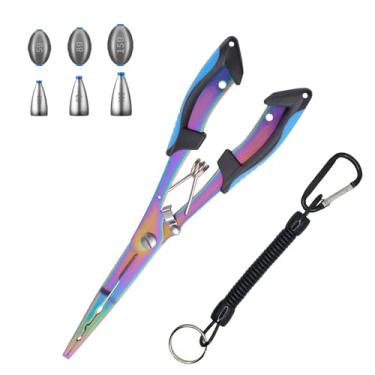 Imagem de Alicate de pesca revestido de titânio, alicate removedor de anzol multifuncional com cordão de segurança – Resistente à corrosão, mandíbulas de alcance profundo para água salgada e doce seis pingentes