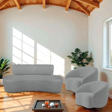 Imagem de Kit Recamier Curvo Amsterdã 120cm E 2 Poltronas Amore Luxo Bouclé Cor Cinza