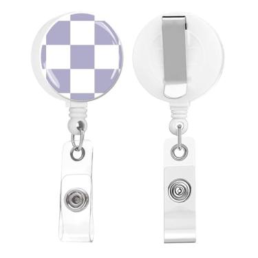 Imagem de Carretel de crachá, suporte retrátil para crachá de enfermeira com clipe jacaré, crachá, crachá para escritório, estudante, médico, enfermeira (pacote com 2 unidades roxas quadriculadas)