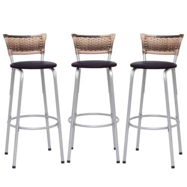 Imagem de Banqueta Altas Junco Cappuccino Estrutura Prata 70cm Para Balcão Cozinha, Bar, Bistrô, Americano Kit 03 Unidades - Itagold (Marrom Escuro)