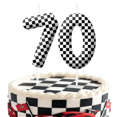 Imagem de Velas de aniversário número 70 de carros de corrida, com tema de bandeira quadriculada preta e branca para meninos e meninas, decorações de bolo para aniversários, artigos de festa com tema de carro