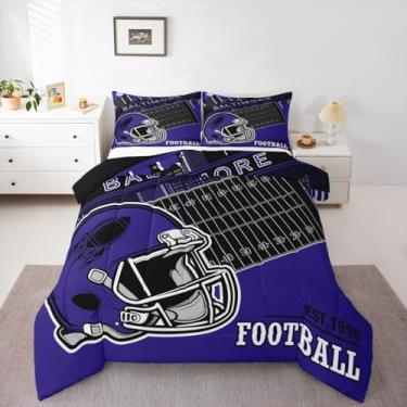 Imagem de Erosebridal Conjunto de edredom solteiro para fãs de futebol americano, presentes para decoração de quarto de crianças, meninas, meninos, jogos, rúgbi, roxo, preto, 2 peças (Baltimore)