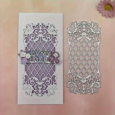 Imagem de LZBRDY Matrizes de corte para molduras, modelo de design de fundo para álbuns, cartões comemorativos, fotos de álbuns, artesanato de papel DIY, cartolina (fundo de grade oca 13 x 6 cm)