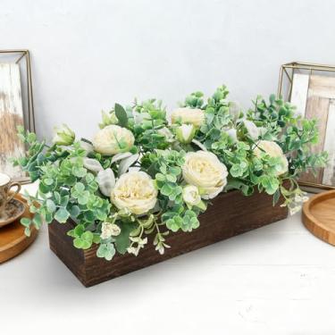Imagem de WENMAQIN Arranjo de mesa floral para decoração de primavera com bandeja de madeira, decoração de primavera, folhas de flores verdes artificiais, centros de mesa para sala de jantar, prateleira de casa