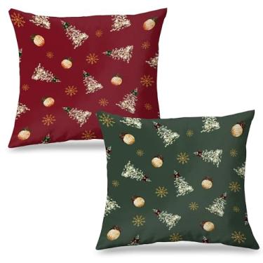 Imagem de Exqcom Conjunto de 2 capas de travesseiro de Natal verde vermelho 45,7 x 45,7 cm, decoração de quarto de Natal, enfeite de árvore de Natal, floco de neve, para casa, quarto, sala de estar, sofá, sofá,