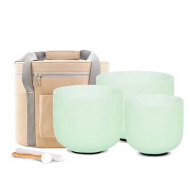 Imagem de Hye-eun Conjunto de tigelas cantantes de cristal de 9,5 cm A 25,5 cm F 30,5 cm C 20,3-30,5 cm verde menta, tigelas de som espiritual mindfulness com estojo de transporte bege