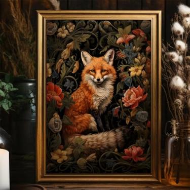 Imagem de Arte de parede em tela de raposa vintage, estampas de animais mal-humorados, imagens de floresta gótica, pintura de retrato de animal, arte de parede em tela de raposa vermelha, pôster floral de