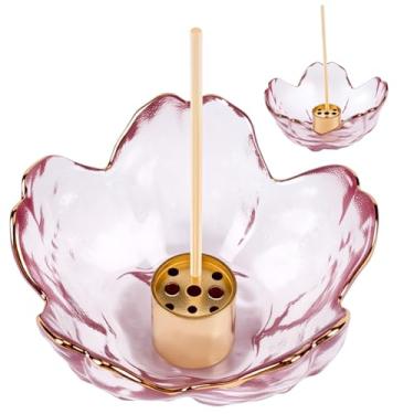 Imagem de CREATCABIN Tigela de vidro, suporte de incenso, apanhador de cinzas, borda dourada, flor de flor, prato de mergulho, 9 furos, suporte de latão, queimador de cinzas, conjunto de apanhador para ioga