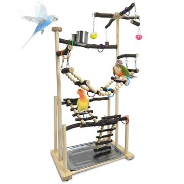 Imagem de kathson Grande parquinho de pássaros – Poleiro de madeira natural, academia, 4 camadas, centro de atividades de papagaio com poleiros, escada, brinquedos para mastigar, bandeja removível e 2 copos de