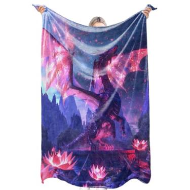 Imagem de zbezbe Cobertor de flanela de dragão roxo fantasia asa mágica lua lótus céu noturno cobertor leve macio para festa, cadeira, cama, sofá, acampamento, viagem, decoração de casa, presentes para meninos
