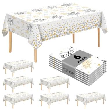 Imagem de JHDZDHY Pacote com 6 toalhas de mesa de feliz ano novo, 137 x 274 cm, retangular, plástico, fogos de artifício, capas de mesa, tamanho grande, capas de mesa para decoração de casa e festa