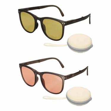 Imagem de HARFINGTON 2 conjuntos de óculos de sol para mulheres e homens, óculos de sol modernos dobráveis em policarbonato com caixa simples de proteção solar para dirigir, fazer compras e tirar fotos, âmbar e