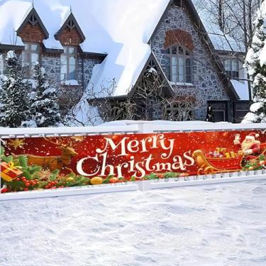 Imagem de BlissYard Decoração de Feliz Natal Banner Tecido Poliéster Papai Noel Trenó Rena Design de Férias Sinal de Varanda Exterior para Interior Exterior Jardim Cerca Festa 118x20 polegadas Suprimentos