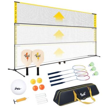 Imagem de VSSAL Conjunto combo de vôlei infantil de badminton portátil de 5,2 m com rede para quintais, altura ajustável (máximo de 2,1 m), conjunto de raquetes independentes para garagem ao ar livre