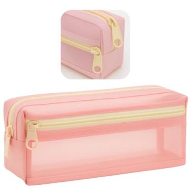 Imagem de Estojo Escolar 2 Divisoria de Nylon Grande Transparente Organizador Material Lápis Caneta Borracha Papelaria Fofa Compartimento Fecho Metalico Volta as Aulas Box Necessaire Menino Menina (Rosa)