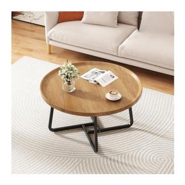 Imagem de HGTRH Mesas de encaixe redondas para sala de estar, mesa de centro moderna, conjunto de 2 com suporte de aço carbono HDF empilhável para apartamento, sala de estar, quarto, varanda, madeira, 70 x 70 x