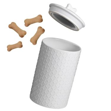 Imagem de BIRDROCK HOME Pote Grande Para Petiscos De Cachorro, Comporta 7 Xícaras, Recipiente De Cerâmica Branca Durável Com Vedação Hermética E Tampa Com Alça De Osso, Ideal Para Armazenamento Em Balcão De C