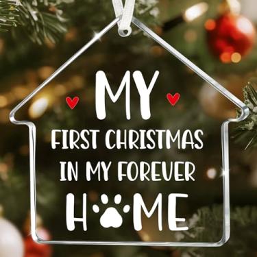 Imagem de Enfeite de Natal 2025 – My First Christmas in My Forever Home Ornamento de vidro com estampa de pata – Presentes engraçados de decoração de árvore de Natal para donos de cães e gatos, amantes de