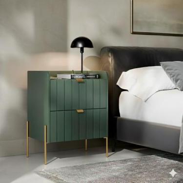 Imagem de Mesa Cabeceira Verde Fendi 2 Gavetas Pés Dourado MDF Moderna Cor:Verde