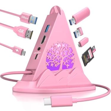 Imagem de Hub USB C rosa, adaptador multiportas USB C 8 em 1 com HDMI 4K a 30 Hz, carregamento de energia de 100 W, 5 Gbps tipo C, 3 USB-A 3.0, slots SD/TF e iluminação RGB, hub rosa tipo C para MacBook, iPhone