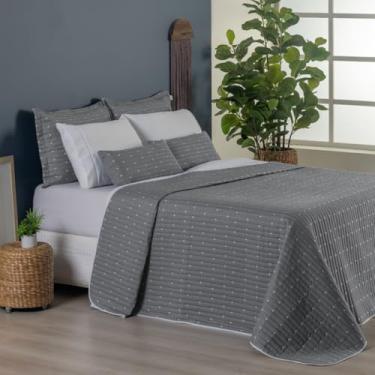 Imagem de Hipercal Jogo de Cama Premium, 7 Peças, Azul Marinho com Listras e Bolinhas, 400 Fios, Tamanho Casal Urban (Cinza, King)