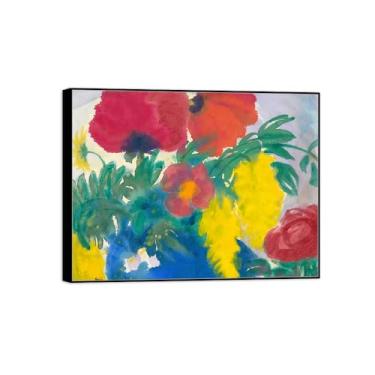 Imagem de Pintura de arte de parede de flores - imagem de decoração vintage - flores em vaso azul - impressões em tela moldura preta para sala de estar 50 x 65 cm 20 x 26 pol