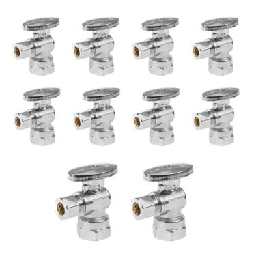 Imagem de Pacote com 10 válvulas de parada angular, válvula de ângulo de giro de 1/4, tubo de ferro FIP de 1/5.1 cm x válvula de fechamento de pia de ângulo de compressão OD de 3/20.3 cm, latão cromado sem