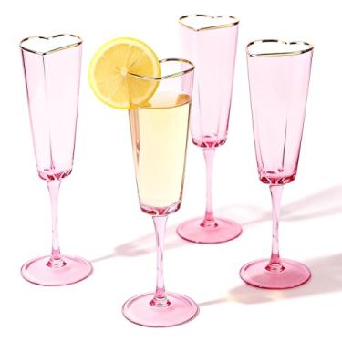 Imagem de Pacote com 4 taças de champanhe em forma de coração, taças de brinde de casamento, taças de martini, cupê rosa, taças de vinho com borda dourada para chá de panela, celebrações, artigos de festa de