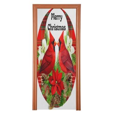 Imagem de Wassud Capa de porta de Natal decoração de banner 81 x 199 cm grande Natal pássaros vermelhos elástico exterior interior capa de porta para varanda porta da frente