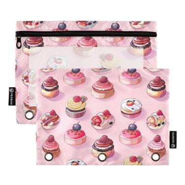 Imagem de Wassud Bolsa de lápis para fichário de 3 anéis, bolsa de lápis transparente com zíper suave com estampa de bolo fofo para fichário, pacote com 2