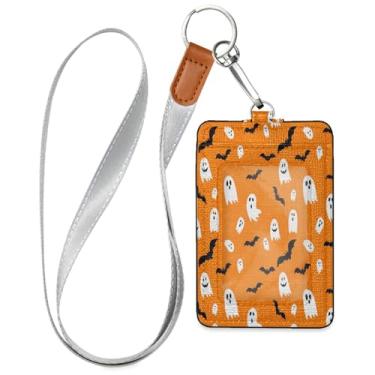 Imagem de Wassud Porta-crachá de couro PU Playful Spooky and Bats com cordão, porta-cartão de identificação para trabalho, cordão de pescoço com compartimentos para cartões de crédito, funcionários, estudantes
