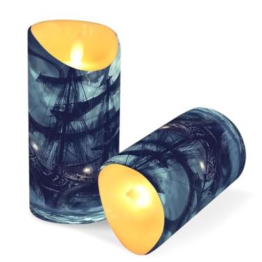 Imagem de Blueangle Pacote com 2 velas sem chama de navio pirata com controle remoto e temporizador, velas LED cintilantes (7,6 cm x 9,9 cm) para decoração de casa, casamento, acampamento (89)