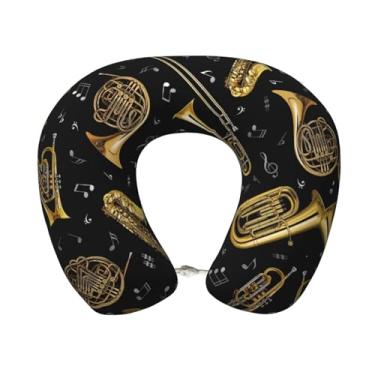 Imagem de SKKNT Almofada de pescoço leve para viagem em forma de U com estampa de instrumentos musicais e espuma viscoelástica para aviões
