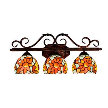 Imagem de Espelho de banheiro com iluminação frontal em estilo Tiffany, com vitral de girassol, luminária de parede com 3 lâmpadas para maquiagem, ideal para quarto, sala de estar e corredor.