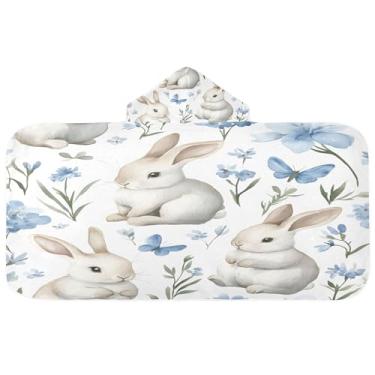 Imagem de Burbuja Toalha de banho com capuz de flores azuis em aquarela para crianças, toalha de praia de pelúcia macia absorvente para meninas e meninos 3-10 anos, 61 x 127 cm