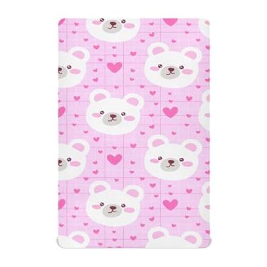 Imagem de Burbuja Lençol de berço com rosto de urso com bochechas cor-de-rosa para meninos e meninas, lençol com elástico 71 x 132 cm para colchão padrão de berço e cama infantil, macio e respirável